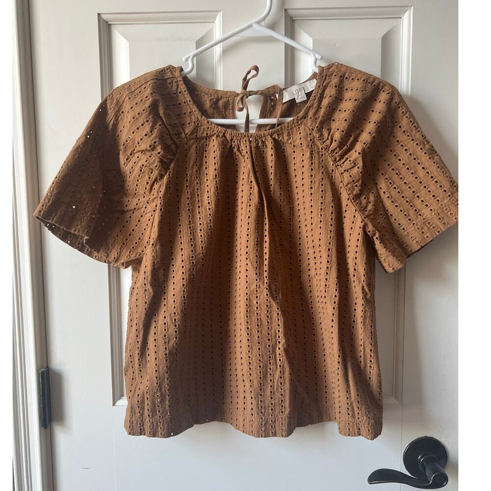 LOFT Petite Caramel Brown Cotton Eyelet Puff Sleeve Blouse Top Women's XSP